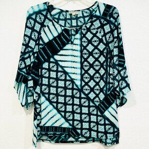 Dana Buchman Tunic Top Hi Lo Hem Bell Sleeves Teal and Black EUC Womens Sz Large